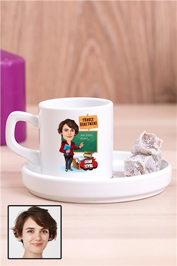 Kadın Türkçe Öğretmenine Özel Hediye Karikatürlü Concept Türk Kahvesi Fincanı
