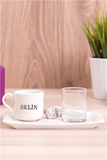 Kişiye Özel Çiçek Harf Tasarım İsim Yazılı Sunumlu Porselen Türk Kahvesi Fincanı