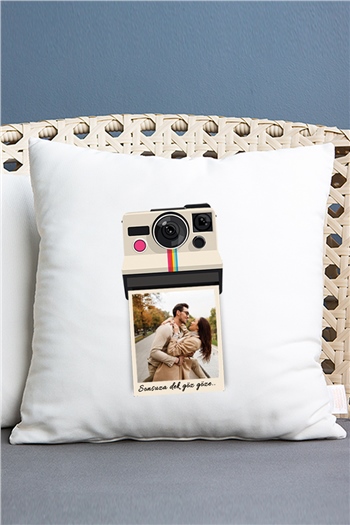 Kişye Özel Polaroid Tasarım Fotoğraflı Saten Kare Yastık